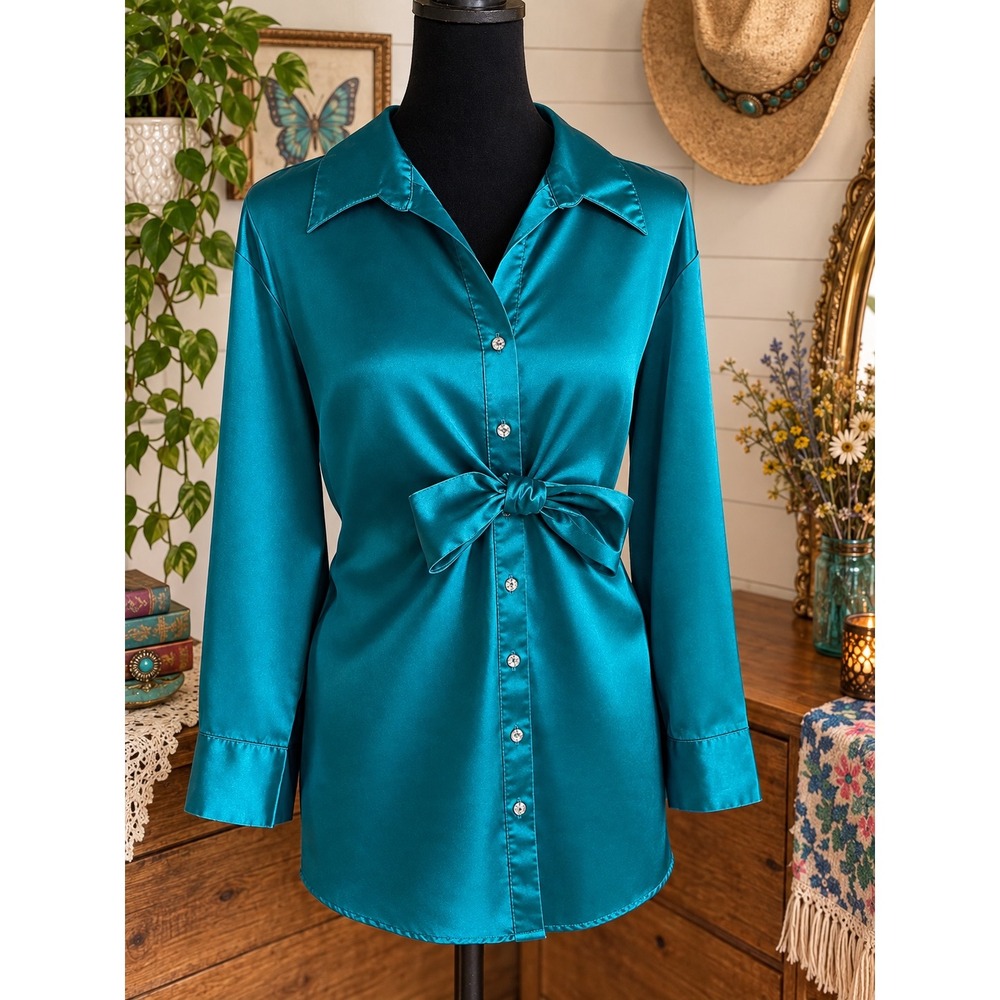 Cato Woman Satin Button Down Blouse 22/24W Teal Blue Tie Waist